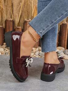 Mocassins de estilo britânico com sola grossa, lançamento da coleção outono 2025, modelo slip-on com laço. - Borgonha - Ver 3
