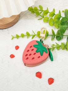 Cute Fruit Series PU Leather Mini Pouch Keychain Earphone Coin Bag - Strawberry Red - Multicolor - View 8