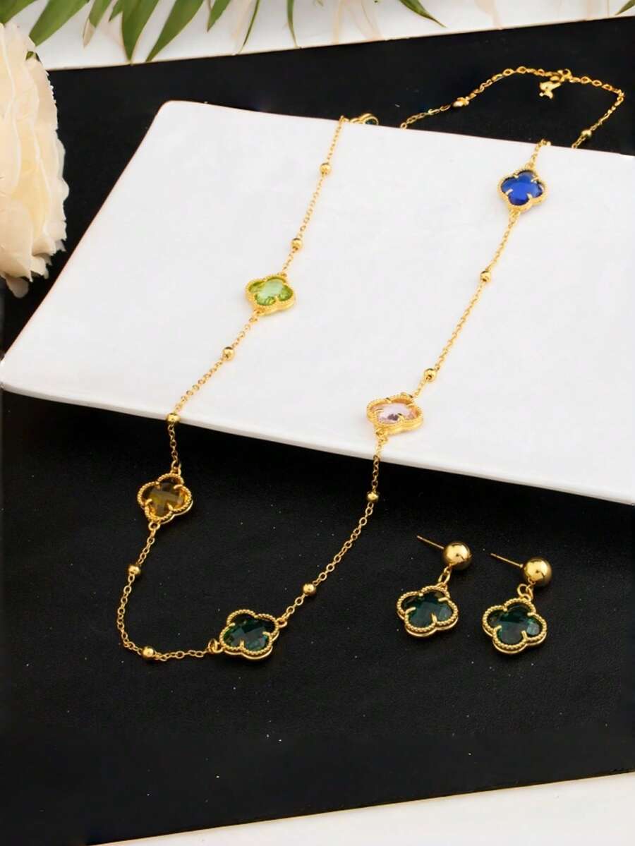 3pcs Lucky Clover Necklace & Earrings Set 24k Gold Plated, Elegant Long Chain Jewelr  Set For Women - Nhiều màu - Xem 1