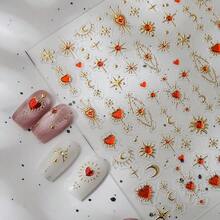 5D Embossed Heart Nail Art Stickers Red Heart Nail Decals Gold Star Nail Stickers For Nail Art With Sun Moon Design Se--Adhesive Acrylic Manicure Decorations For Women Nail Supplies - 樣式17 - 查看 3