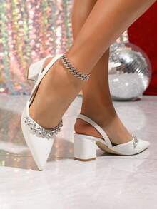 新款时尚女士尖头情人节高跟鞋，粗跟白色水晶链条休闲舒适浅口鞋 - 白色 - 查看 6