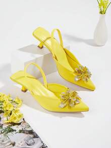 2025新款女士水钻尖头高跟鞋（鞋面随机裁剪） - 黃色 - 查看 1