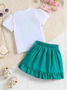 2pcs/Set Girls' Fashionable Cartoon Print Outfit - Green - View 2