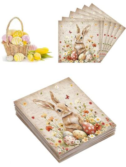 20pcs Easter Paper Napkins, Vintage Easter Bunny Party Decorations, Floral Bunny Paper Napkins, Spring Easter Bunny Eggs Floral Theme Decorations, Spring Birthday Party