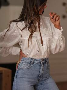 ii Vacation Style Solid Color Hollow Out Embroidery Women Top Spring White - White - View 3