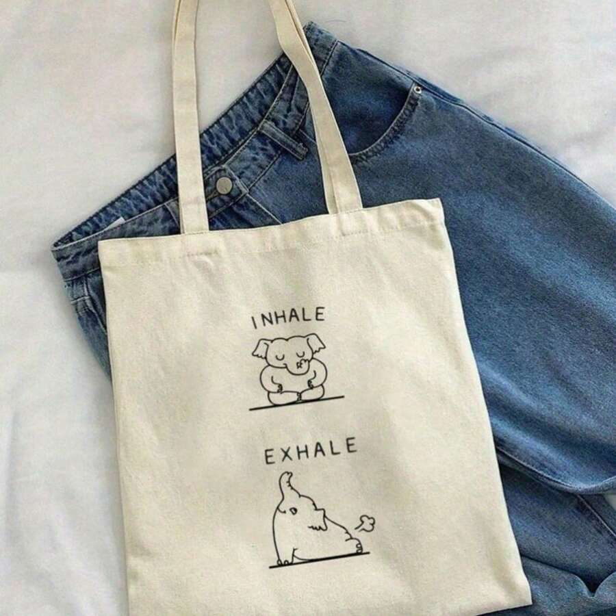 Inhale Exhale Elephant Canvas Shoulder Bag - Whimsical Yoga-Inspired Design With Meditating & Stretching Elephants, Durable Canvas Tote For Gym, Office, Shopping & Casual Outings - Màu be - Xem 1