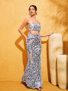 LOVE&LEMONADE Bộ váy maxi 2 mảnh không tay đính sequin, phối lưới, hở lưng, thắt nơ, xẻ tà cao dành cho nữ, thích hợp dự tiệc. - Bạc - Xem 6