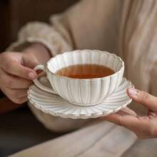 花瓣造型咖啡杯碟套装，活性釉陶瓷，下午茶杯碟，家用拉花杯，高美感 - 白色 - 查看 1
