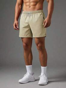 男士防丢拉链口袋抽绳腰部运动短裤 - 卡其色 - 查看 8