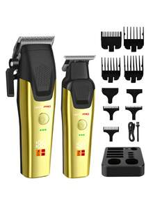 HIENA 2件套电动专业理发器套装，数字显示，快速充电，超长待机，无线USB充电式金色男士理发器，带可调节梳子和充电底座 - 金色 - 查看 8