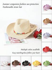 1 件纯色波西米亚休闲草编宝石牛仔帽，海滩度假防晒草帽，男女通用，适合通勤，四季皆宜