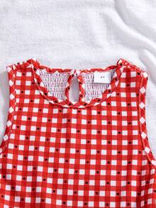 Girls Casual Checkered Pattern Sleeveless Layered Hem Knee-Length Dress, Fashion Outdoor Daily Wear, Spring/Summer - Red - View 4