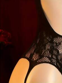 Women's Black One-Piece Mesh Dress, Uniform With Hole Mesh Set, Casual Style, Solid Color, No Belt, No Padding, High Support, Adult Underwear |     Seductive Lingerie |     Mesh Fabric - màu đen - Xem 6