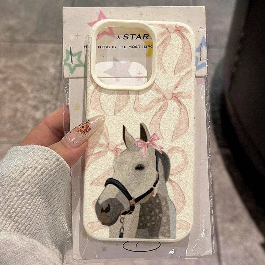 1pc TPU Soft Pink Bow & Cute Pony Pattern Phone Case, Compatible With IPhone 17 Pro Max/17/16 Pro Max/15/13/12/11, S20 FE/A15/S24/A55, Redmi Note 11/12/13 Pro, Full Body Shockproof Protective Cover - White - View 1