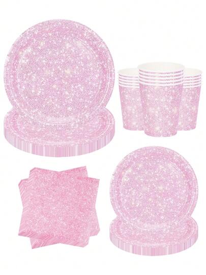 10pcs/50pcs/80pcs Glitter Pink Party Supplies Set For GuestsPastel Pink Tableware Plates Cups Napkins Dinnerware Table Decorations For Girls Woman Light Pink Sprinkle Wedding Birthday Anniversary Party Favors