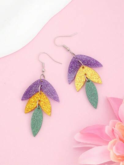 1 Pair Carnival Purple, Yellow & Green Tri-Color Leaf Acrylic Earrings, Perfect Festive Party Jewelry