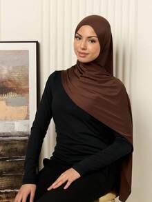 1pc Women's Simple Classic Solid Color Elegant Casual Edged Scarf, Premium Knit Fabric Viscose Jersey Hijabs Scarf, Long Turban Style Headscarf, Suitable For Daily Life, Outings And Gatherings - Multicolor - View 8