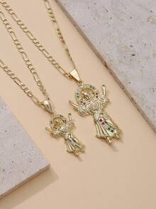 Gold Angel Jesus Pendant Necklace, Inlaid Colorful Zirconia Religious Style Accessory, Figaro Chain Unisex Christian Prayer Church Outfit, Ideal Valentine's Gift, Durable Copper Material - Gold - View 6