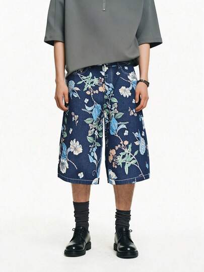 ONE . Quần short denim ống rộng dáng suông họa tiết hoa toàn thân, chất liệu jacquard, thích hợp mặc mùa xuân/hè, kiểu dáng retro thường ngày, dài đến đầu gối.