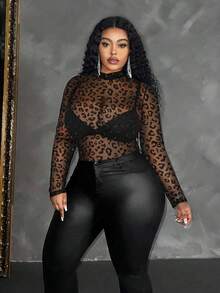 Curvy Grace Elegant Chic Casual Leopard Ombre Polka Dot Allover Print Mesh Fabric Sexy Clubwear Blouse, Suitable For Beach, Night Out, Holiday, School, Office, Daily, Party, Festival - Coffee Brown - View 3