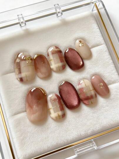 10pcs Handmade Press-On Nails, Short Oval Shape, Red, Vintage Soft Style, Nude Pink Ombre With Gray Rose Cat Eye Glitter, Hand-Painted Plaid Pattern, 3D Golden Bow, Cute & Simple Press-On Nail Stickers, Suitable For Women And Girls, Wear For Spring, Summer, Autumn, Winter, Parties And Daily