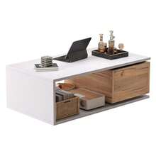 Coffee Table 90 X 50 X 30 Cm, 360° Swivel Drawer, Coffee Table With 1 Drawer, High-Gloss Lacquered Living Room Table With Open Storage Space, Side Table, White And Wood Finish - White - View 10