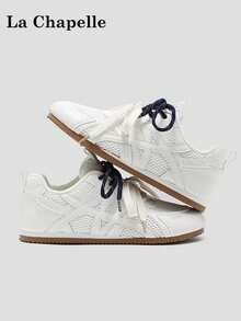 1 Pair La Chapelle Women's Thick Sole Lace-Up Soft Bottom Casual Shoes, Low-Top Outdoor Flat Shoes For Summer, Round Toe Low Heel Non-Slip Solid Color Elegant Soft Bottom Hiking Suitable For Students Graduation Photos Flat Shoes, Women Low-Top Leather Sneakers - Beige - View 2