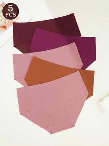 5条装女士无缝舒适比基尼三角裤，纯色柔软亲肤，弹力冰丝三角裤，隐形内裤，适合贴身穿着和日常穿着 - 彩色 - 查看 3