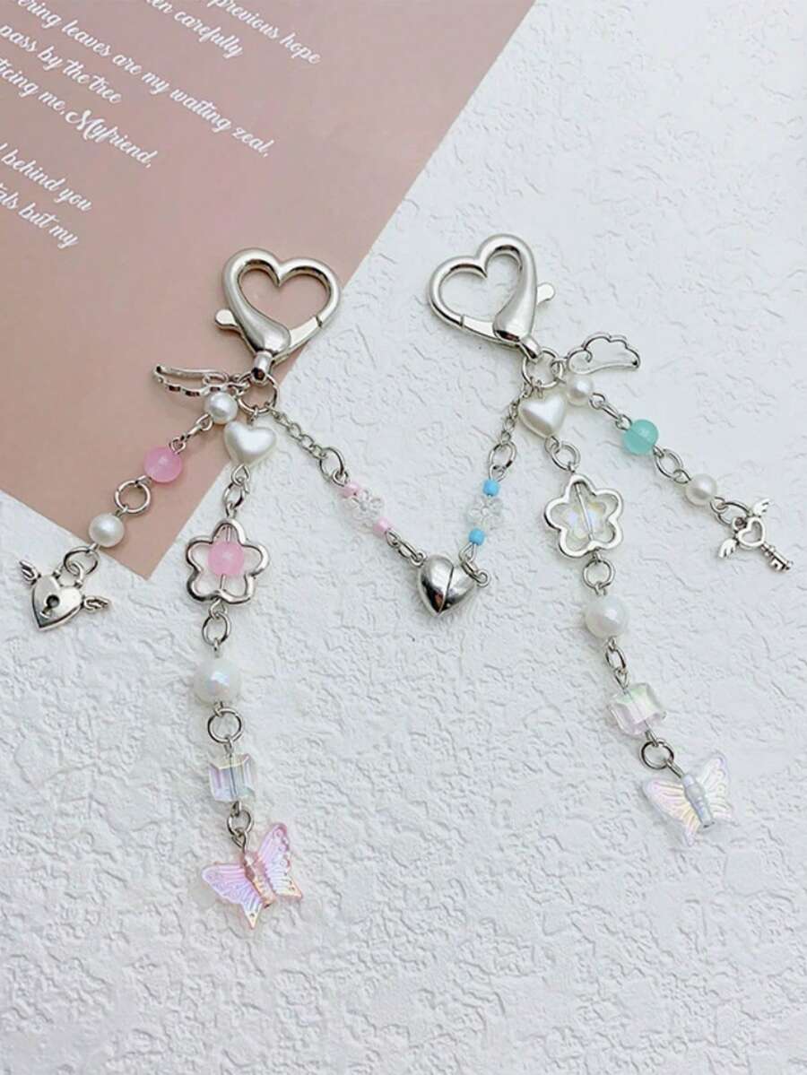 2pcs Y2K Style Handcrafted Beaded Heart, Wings And Magnetic Pendant Keychain, A Gift For Your Girlfriend, Family, Birthday And Valentine's Day