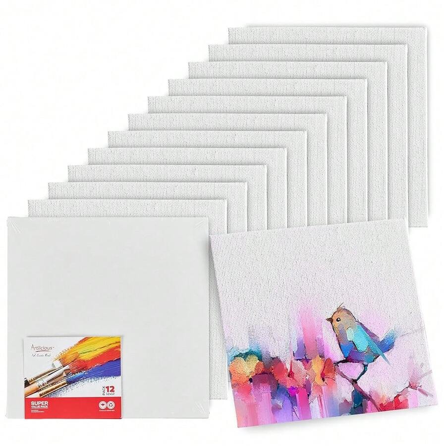 Canvases For Painting - Pack Of 12, 12 X 12 Inch Blank White Canvas Boards - 1OO% Cotton Art Panels For Oil, Acrylic & Watercolor Paint - 12x12吋-12件裝 - 查看 1