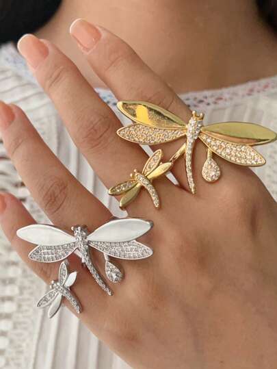 rundraw 1pc 2026 Dragonfly Zirconia Embellished Minimalist Metal Gold/Silver Knuckle Ring For Women, Fashionable Accessory For Daily Activities, Parties, Gatherings