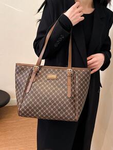 Retro Chic Niche One Shoulder Underarm Floral Large Capacity Commuter Fashion Women Tote Bag - Brown - View 3