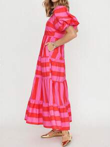 Đầm chữ A phối sọc, cổ vuông, tay phồng, thời trang mới, thanh lịch, thích hợp cho đi biển, lễ hội, đi học, kỳ nghỉ và mặc hàng ngày vào mùa hè. - Đỏ - Xem 5