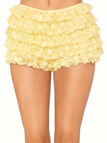 Womens Lolita Bloomers Ruffle Shorts Lace Cute Pumplin Pants Ruffle Micro Shorts Layered Y2k Mini Shorts Pettipants Elastic High Rise Shorts Bloomers Summer Casual Layered Tiered A Line Pleated Slim Fit Floral Lace Trim Shorts Going Out Outfits - 黃色 - 查看 1