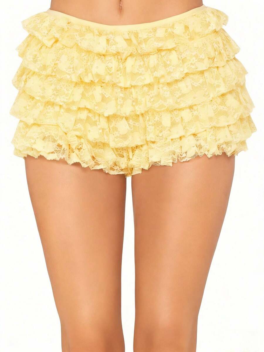 Womens Lolita Bloomers Ruffle Shorts Lace Cute Pumplin Pants Ruffle Micro Shorts Layered Y2k Mini Shorts Pettipants Elastic High Rise Shorts Bloomers Summer Casual Layered Tiered A Line Pleated Slim Fit Floral Lace Trim Shorts Going Out Outfits - 黃色 - 查看 1