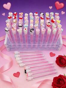 1/3/5/7pcs Heart Cartoon Pattern Pastel Test Tube Mascara Eyebrow Brush Eyelash Brush With Tube, Independent Packaging Eyelash Brush, Makeup Tool For Travel - Pink - View 1