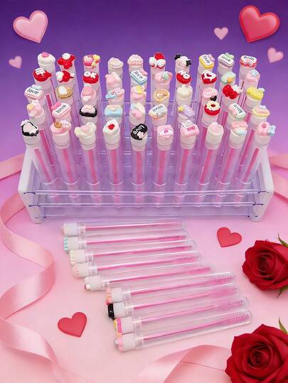 1/3/5/7pcs Heart Cartoon Pattern Pastel Test Tube Mascara Eyebrow Brush Eyelash Brush With Tube, Independent Packaging Eyelash Brush, Makeup Tool For Travel