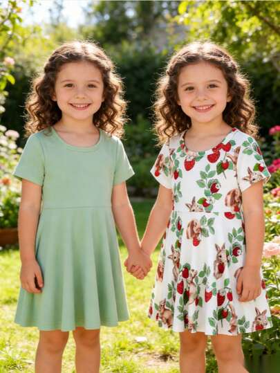 2件套女婴卡通兔子印花白色短袖连衣裙和纯绿色短袖连衣裙套装，春夏款