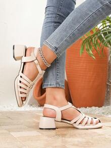 Giày sandal đế xuồng hở mũi cao gót thời trang nữ, giày dệt màu mơ mới cho mùa xuân/hè, sandal đế xuồng hở gót cao gót phù hợp mọi mùa, sandal đế xuồng quai ngang mắt cá chân mũi tròn đa năng, sandal đế xuồng khoét lỗ thoáng khí thoải mái cho đi chơi/nghỉ lễ/ngoài trời. - Màu be - Xem 3