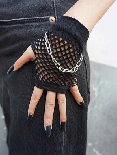 1 Pair Metal Chunky Square Chain Fishnet Gloves Summer