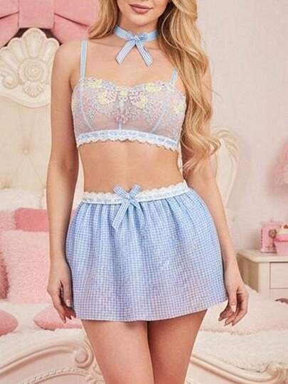 Womens Lace Lingerie Set Flower Bra G-String Thongs Plaid Skirt And Choker 4 Piece Naughty Outfit, Suitable For The Valentine's Day, Honeymoon, Wedding Night