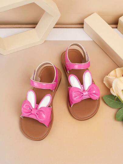 1 Pair Baby Girls' Vibrant Soft Bottom Flat Sandals With Rabbit Ear & Bow Decor, Suitable For Banquet, Gathering And Party