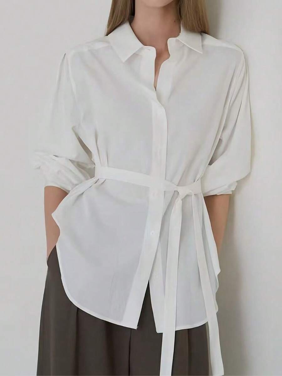 Women's White Polyester Blouse, Asymmetric Waist Belt Design, Knotted Detail, Loose Fit Long Style - White - View 1
