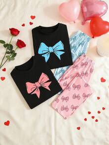 4pcs Girls Pajama Set, Elegant & Fashionable, Casual & Comfortable. The Set Includes 1 Black Long Sleeve Top With Bow Decor, 1 Bow Print Long Pants, And A Bow Decor Pajama Set, Suitable For Children And Girls To Wear At Home In Spring, Summer, Autumn And Winter. - Multicolor - View 6