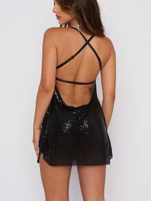 Women's Sequin Bodycon Mini Dress Sleeveless Cowl Neck Short Dress Cross Tie Back Cocktail Party Dresses - 黑色 - 查看 4