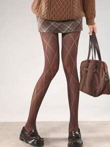 1 đôi tất nữ ấm áp cao đến đầu gối, kiểu dáng thường ngày, màu nâu đa năng, tất cao đến đầu gối dày dặn bằng lưới kim cương JK Nhật Bản, thích hợp cho mùa thu/đông. - màu nâu - Xem 12