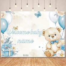 1件可定制姓名的蓝色气球熊派对背景布，非常适合性别揭晓派对、迎婴派对、生日派对蛋糕装饰，个性化姓名设计，乙烯基材质。 - D款 - 查看 3