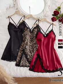 3pcs Slit Contrast Lace Pajama Set, Lace Up V Neck Backless Sexy Dress, Women's Elegant Nightdress & Loungewear, Lace Nightgown, Sexy Pajamas, Home Loungewear, Bedtime Wear, Backless Sleepwear, V Neck Pajamas, Sexy Sleepwear, Contrast Lace Detail, Hand Wash Care, Feminine Stitching - 彩色 - 查看 1