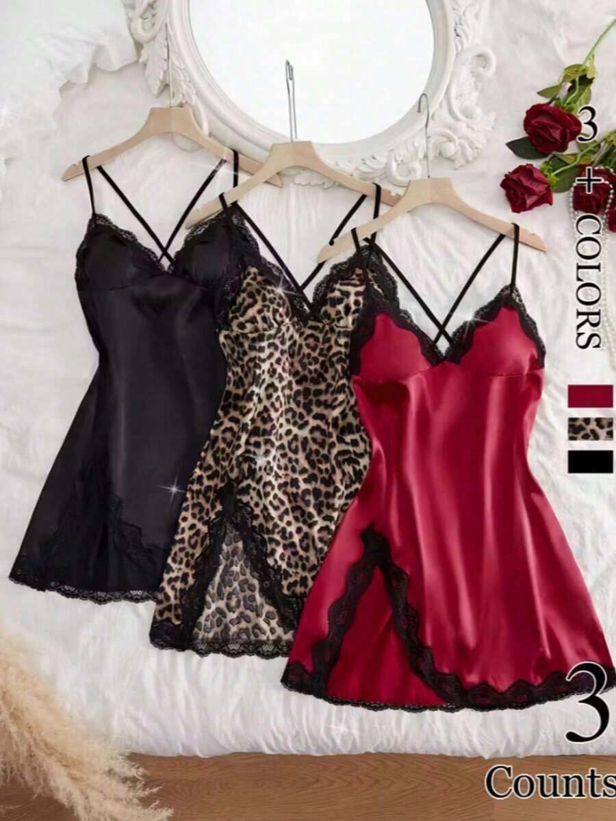 3pcs Slit Contrast Lace Pajama Set, Lace Up V Neck Backless Sexy Dress, Women's Elegant Nightdress & Loungewear, Lace Nightgown, Sexy Pajamas, Home Loungewear, Bedtime Wear, Backless Sleepwear, V Neck Pajamas, Sexy Sleepwear, Contrast Lace Detail, Hand Wash Care, Feminine Stitching - 彩色 - 查看 1