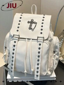 Y2K Street-Style PU Soft Leder Klappe Rucksack Damen Tasche; Multifunktionale stilvolle Nieten Tagstasche; Mehrtaschiger leichter Kordelzug Reisetasche; Große Kapazität einfache Schultasche; Praktische Büchertasche für Studenten, Krankenschwestern, Lehrer, Geschäftsleute, Reisen, Geschäftsreisen, tägliche Fahrten, Einkaufen, Büro, Dates, Wandern, Training, Arbeit, Geburtstagsgeschenke, Urlaubsgeschenke - Verschiedenfarbig - Übersicht 15